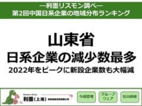 「第2回中国日系企業の地域分布ランキング」を発表　～山東省：日系企業の減少数が最多、2022年をピークに新設企業数も大幅減～