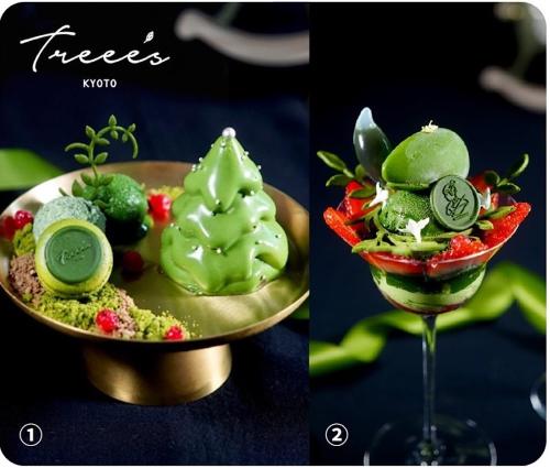 左から「TREEE’S KYOTO」の阪神梅田本店限定「『松澤園』の狭山抹茶と森のベリーのアンサンブル」3,300円、阪神梅田本店限定「『辻喜』抹茶といちごを使用した2日間限定のプレミアムパフェ」3,850円
