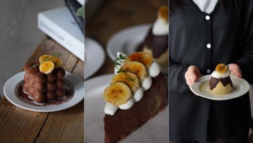 左から「チョコバナナバスクチーズケーキ 」税込み880円、「チョコバナナモコムース」税込み880円、「チョコバナナプリン」税込み780円