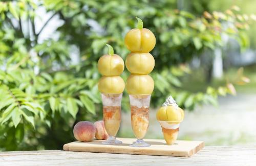 左から「トルクーヘン」の近鉄本店限定「完熟生桃2.5玉使用プレミアム」税込み2,980円、「完熟生桃3.5玉使用プラチナム」税込み3,780円、「完熟生桃1玉使用 桃ざんまいパフェ」税込み1,980円