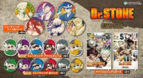 TVアニメ『Ｄｒ．ＳＴＯＮＥ』より、等身イラストを使用した「ドット缶バッジ」「アクリルビジュアルボード」、【ひょこっとシリーズ】の描き起こしイラストを使用した「アクリルチャーム」「缶バッジ」が登場！