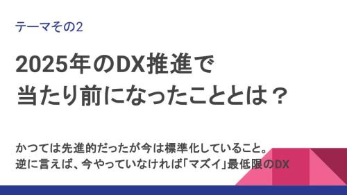 テーマその2:2025年のDX推進で 当たり前になったこととは? かつては先進的だったが今は標準化していること。 逆に言えば、今やっていなければ「マズイ」最低限のDX