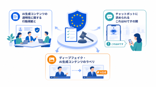 AI生成コンテンツの透明性に関する行動規範とはとチャットボットに求められるこれはAIですの開示を中心に、この章で扱う要素の関係を整理した図解