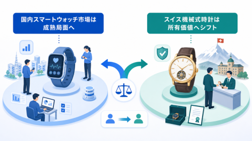 国内スマートウォッチ市場は成熟局面へとスイス機械式時計は所有価値へシフトを中心に、この章で扱う要素の関係を整理した図解