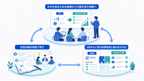 KPIを測るための指標から行動を促す指標へと定性評価は物語で残すを中心に、この章で扱う要素の関係を整理した図解