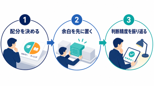 休養と教養の配分決定、余白の確保、判断精度の振り返りを順に示す3段階の図解