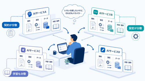 複数のAIサービスで契約、設定、データ、学習が分散し、運用負担が増える様子
