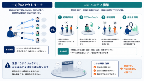 初期参加者、モデレーション、継続運用、事業との相性判断が必要なコミュニティ運営の負荷