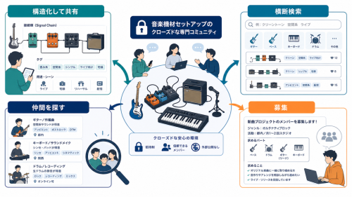 音楽機材の接続順や用途を構造化して共有し、横断検索や仲間探し、募集につなげる場