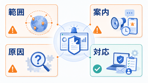 事故対応を範囲把握、利用者案内、原因説明、実施済み対応の四つの観点から評価する図解