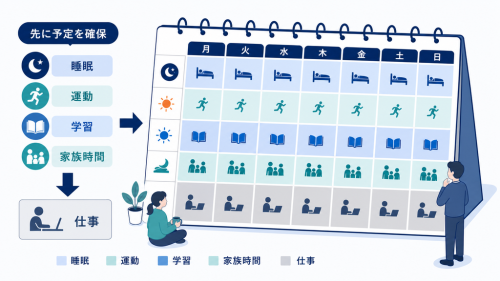 睡眠・運動・学習・家族との時間を先に確保し、残りへ仕事を配置する予定表
