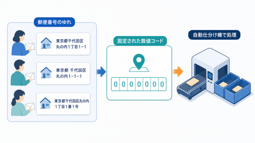 表記が揺れる住所を郵便番号へ対応づけ、機械による自動仕分けを可能にする流れ