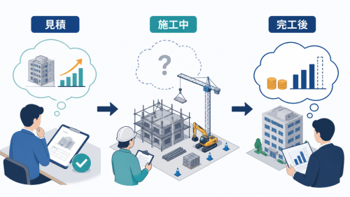 見積では黒字に見えた建設現場の実際原価が施工中に把握できず、完工後に判明する流れ