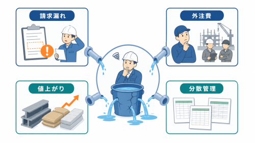 請求漏れ、外注費の未配賦、材料値上がり、分散管理による利益流出の図解
