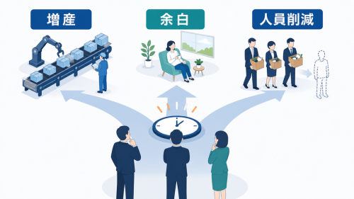 AIで浮いた時間を増産・余白・人員削減のどこへ配分するか、経営が選ぶ三分岐の図解