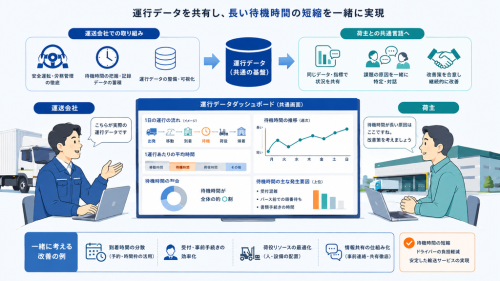 運送会社と荷主が同じ運行データを見ながら、荷積みや荷降ろしの待機時間短縮を相談する様子