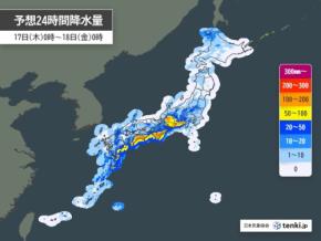明日17日も関東甲信から近畿は警報級の大雨　日本海側では猛烈な暑さ続く