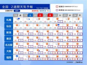 明日18日は西日本と北海道で激しい雨　19日以降は広く晴れて猛暑　2週間天気