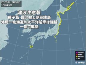 津波注意報 種子島・屋久島と伊豆諸島・外房~北海道の太平洋沿岸は継続 一部で解除