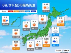 今日8月1日　九州～東海は猛暑　東海で40℃予想も　関東は台風9号の影響に注意