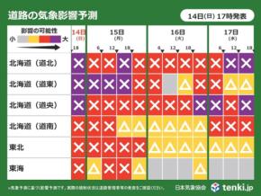 明日15日にかけて北海道は大雪で交通障害・停電のリスク 東北・北陸は暴風に警戒