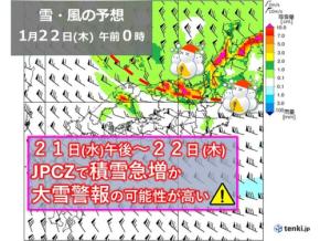 21日午後~22日は雪のピーク 近畿はJPCZで積雪急増のおそれ 交通障害に警戒