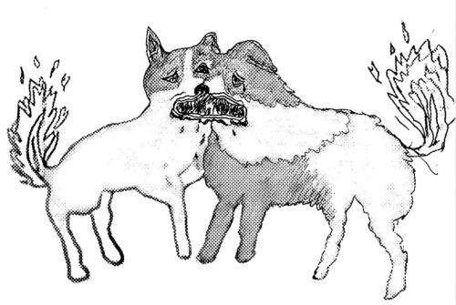 顔と顔とがくっつき、大変なことになっている犬のイラスト