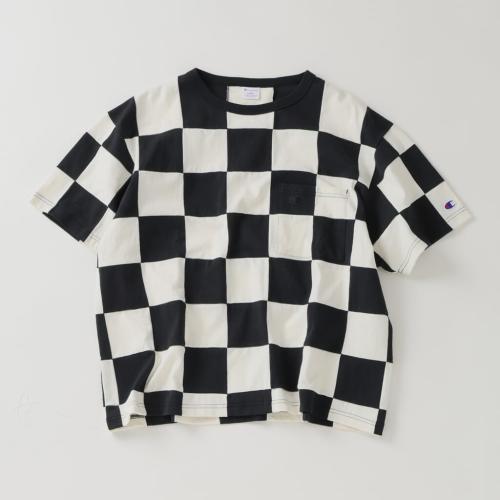 JS relume×CHAMPION 別注 パッチワーク チェッカーフラッグ Tシャツ