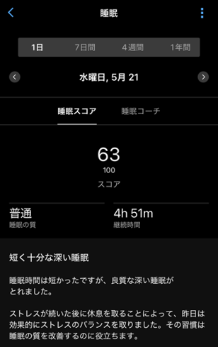 Garmin／CIRQA Smart Band睡眠スコアサンプル画面