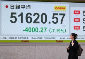 日経平均、一時4000円超下落　約2カ月ぶりに5万2000円割れ