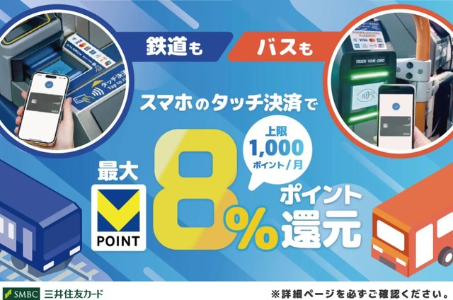 三井住友カードのスマホタッチ決済で電車・バスに乗ろう！最大8%還元