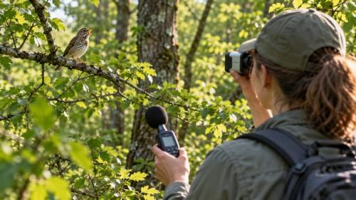ゴルフの道具を手に、123種の鳥の声を測る