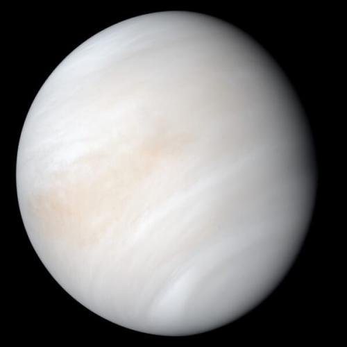 金星です。NASAの探査機マリナー10号が金星から遠ざかりながら写した姿で、厚い雲が全体を包んでいます。