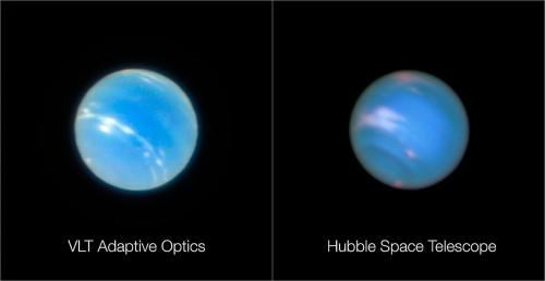 ヨーロッパ南天天文台の大型望遠鏡VLTと、ハッブル宇宙望遠鏡による海王星の画像です。左の画像は、VLTの観測装置「MUSE」の観測モードを試験しているときに得られました。
