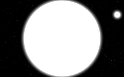 白色矮星シリウスBから、離れた所にある主星シリウスAを眺めたらどう見えるかを描いた想像図です。シリウスBは、重さが太陽の約1倍の白色矮星です。