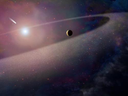 白色矮星に向かって落ちていく、彗星のような巨大な天体を描いた想像図です。今回の研究とは別に、ハッブル宇宙望遠鏡を使った観測で、ハレー彗星に似た成分をもちながら10万倍も重い天体が、白色矮星の大気の中で引き裂かれて散らばる様子がとらえられました。