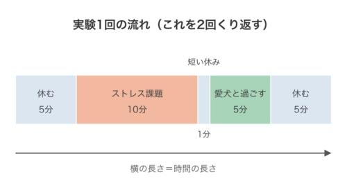 参加者が1回の実験でしたことを、時間の順に並べた図です。2回の実験では、別の問題と引き算を使ったうえで、緑の箱の愛犬との過ごし方の条件を変えました。