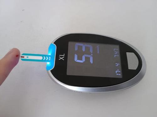 試験紙に血液をつけた血糖測定器で、画面には5.3mmol/Lと表示されています。ただし血糖の値は上がり下がりが激しいため、1回測った値だけでは糖尿病の状態までは分かりません。