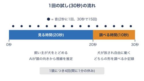 1回の試しで、犬がまず形を見て、次に調べに行くまでを、時間の長さどおりに並べた図です。前の3分の2は目の向きだけを、後ろの3分の1は体の動きを調べているのが分かります。