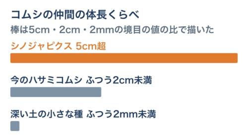 コムシの仲間の体の長さを、棒の長さで比べた図です。棒は5cm・2cm・2mmという境目の値の比で描いており、シノジャピクスが今のハサミコムシの2倍以上あったことが見て取れます。