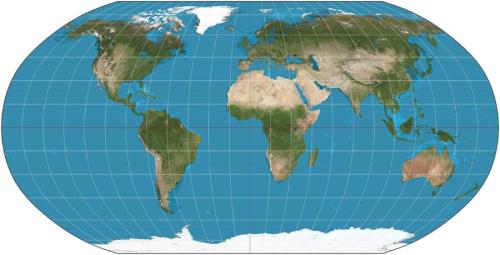 ロビンソン図法で描いた世界地図で、NASAの衛星画像をもとにしています。イコールアースを作った3人は、この地図の自然な見た目を手本にしました。