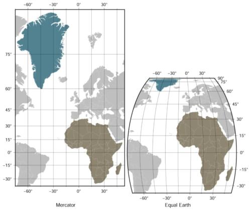 アフリカとグリーンランドの大きさを、メルカトル図法とイコールアースで並べて比べた図です。決議が勧めるのは、このように大きさを比べる場面で、面積を正しく保つ地図を使うことです。