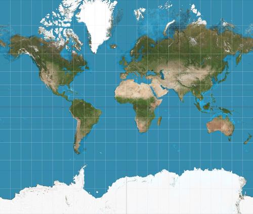 メルカトル図法で描いた世界地図で、南緯82度から北緯82度までの範囲です。この図法では北極と南極が限りなく遠くなり、地図に描くことができません。