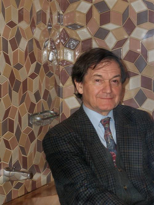 ペンローズタイルを考え出したロジャー・ペンローズ氏と、ペンローズタイルで敷き詰めた浴室です。この並びは、平面の上でくり返しません。