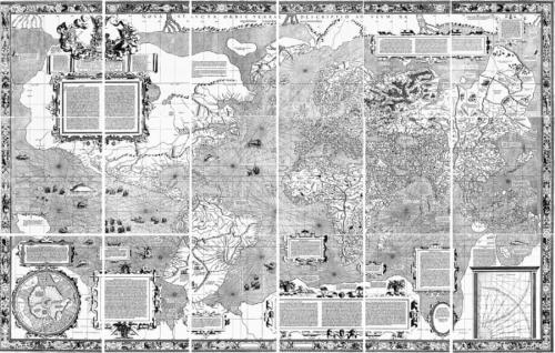 メルカトルが1569年に出した世界地図で、18枚に分かれた紙をつなぎ合わせた全体の姿です。メルカトルはこの描き方を、航海に使う世界地図として世に出しました。