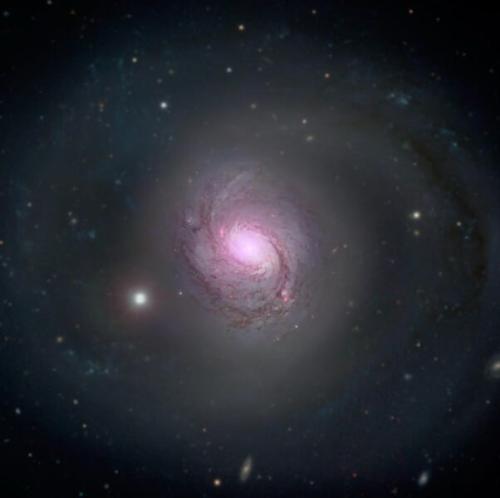 銀河NGC 1068を、目に見える光と強いX線で写して重ねた画像です(赤紫がX線)。X線は中心にある活発な巨大ブラックホールから出ていて、このブラックホールは厚いガスとちりの雲に包まれています。今回の謎の光とは別の銀河です。