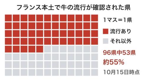 フランス本土の県を1つずつマスにして、牛の流行が確認された県に色をつけた図です。半分以上のマスが色づき、牛の間で流行が大きく広がっていることが分かります(マスの並びは地図ではありません)。