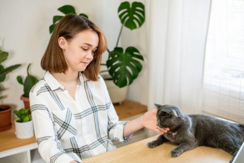 作業中の若い女性と猫