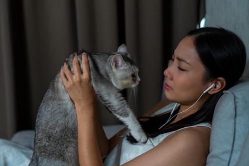 不安そうな女性と猫