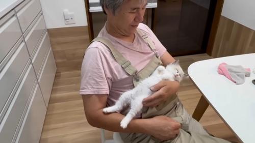 男性の抱っこで眠る子猫